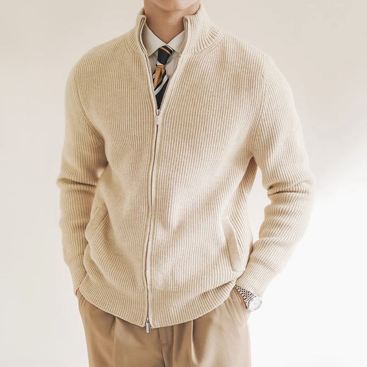 Premium Ribbed Zip Cardigan – Slim Fit Knit Sweater with Stand Collar