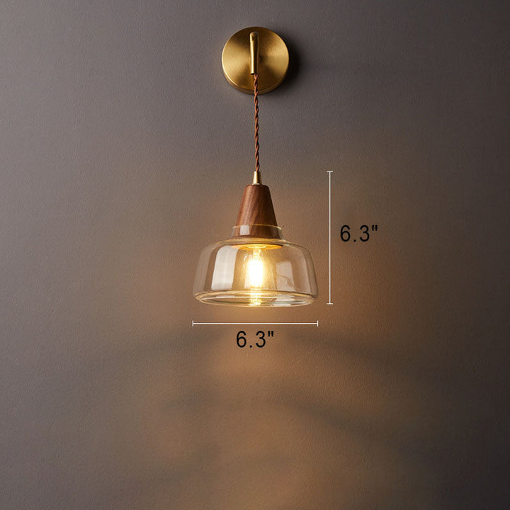 Traditional Japanese Walnut Glass Copper Cylinder 1-Light Wall Lamp