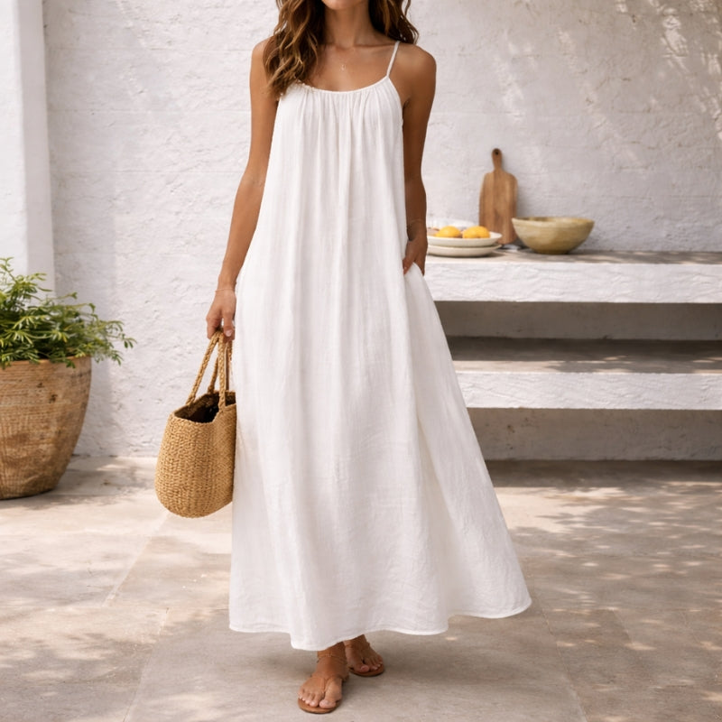 BreezeHaven Women's Linen Blend Maxi Dress with Spaghetti Straps