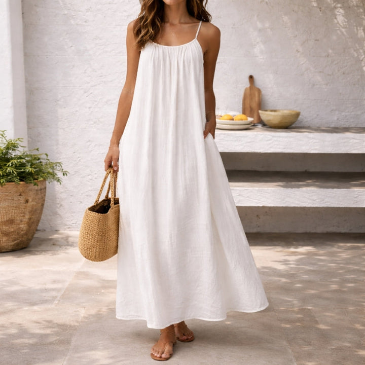BreezeHaven Women's Linen Blend Maxi Dress with Spaghetti Straps