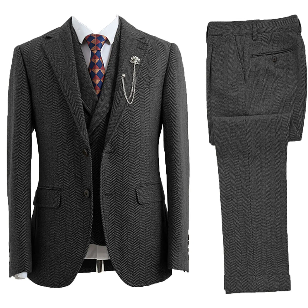 Classic Herringbone Three-Piece Suit - Tailored Jacket, Vest & Pants