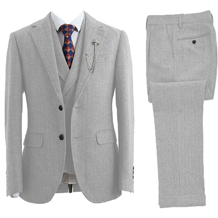 Classic Herringbone Three-Piece Suit - Tailored Jacket, Vest & Pants
