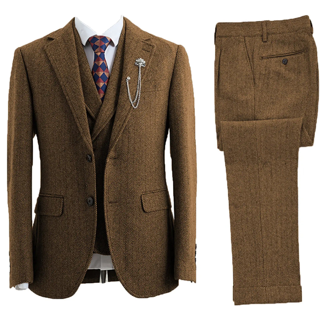 Classic Herringbone Three-Piece Suit - Tailored Jacket, Vest & Pants