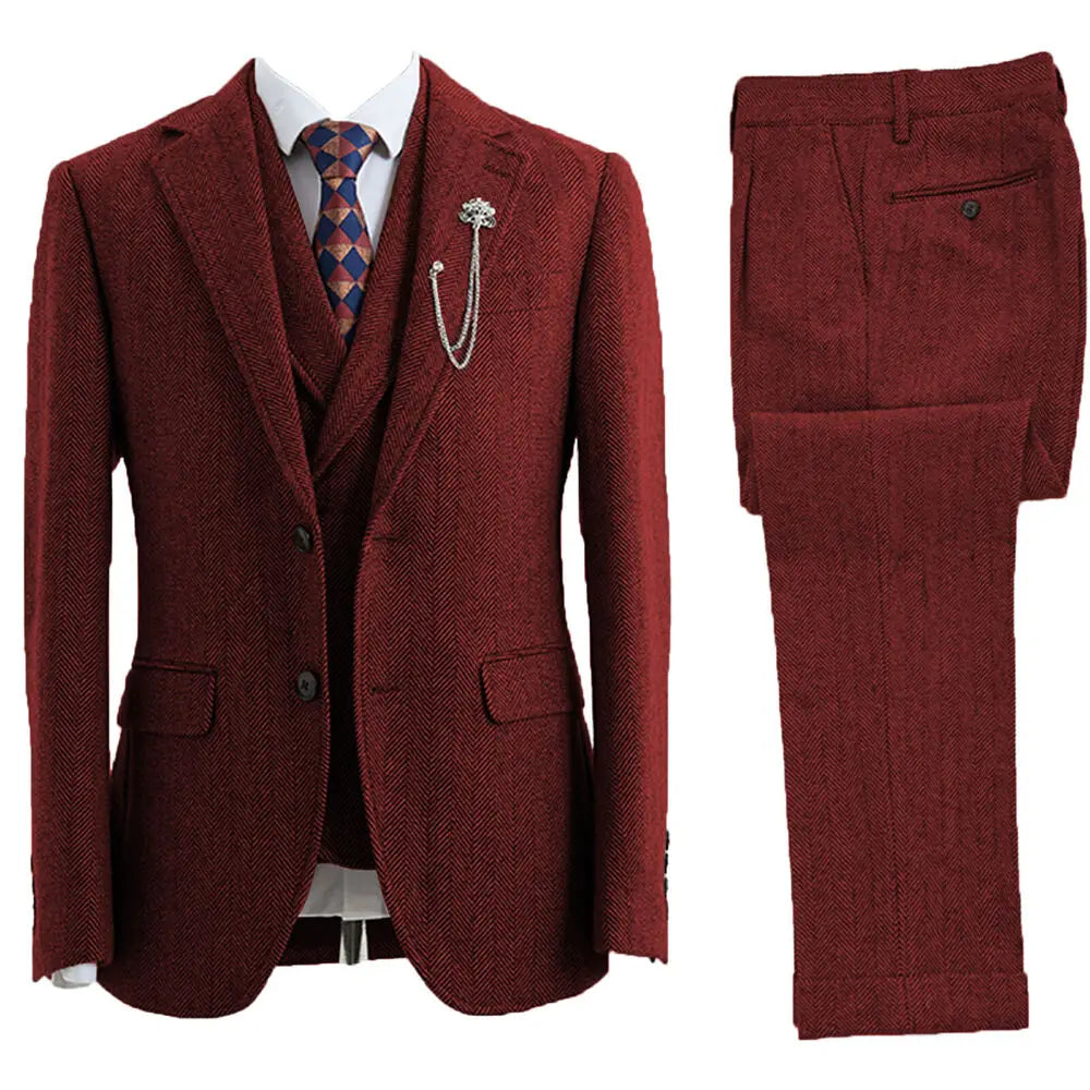 Classic Herringbone Three-Piece Suit - Tailored Jacket, Vest & Pants