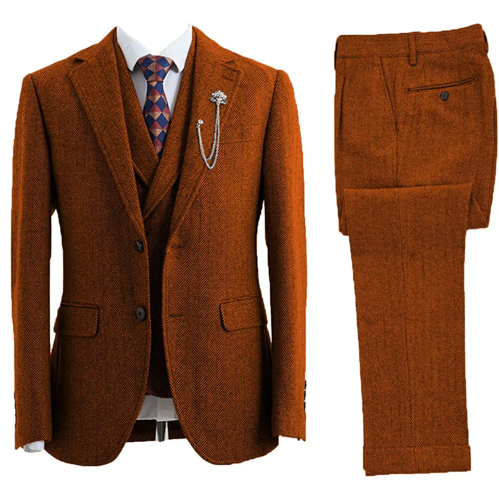 Classic Herringbone Three-Piece Suit - Tailored Jacket, Vest & Pants