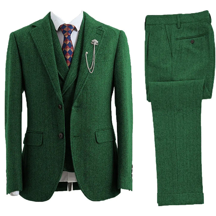 Classic Herringbone Three-Piece Suit - Tailored Jacket, Vest & Pants