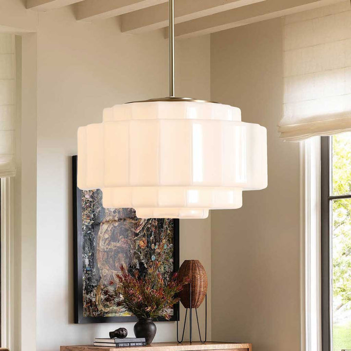 Antique Brass Tiered Opal White Glass Pendant Light