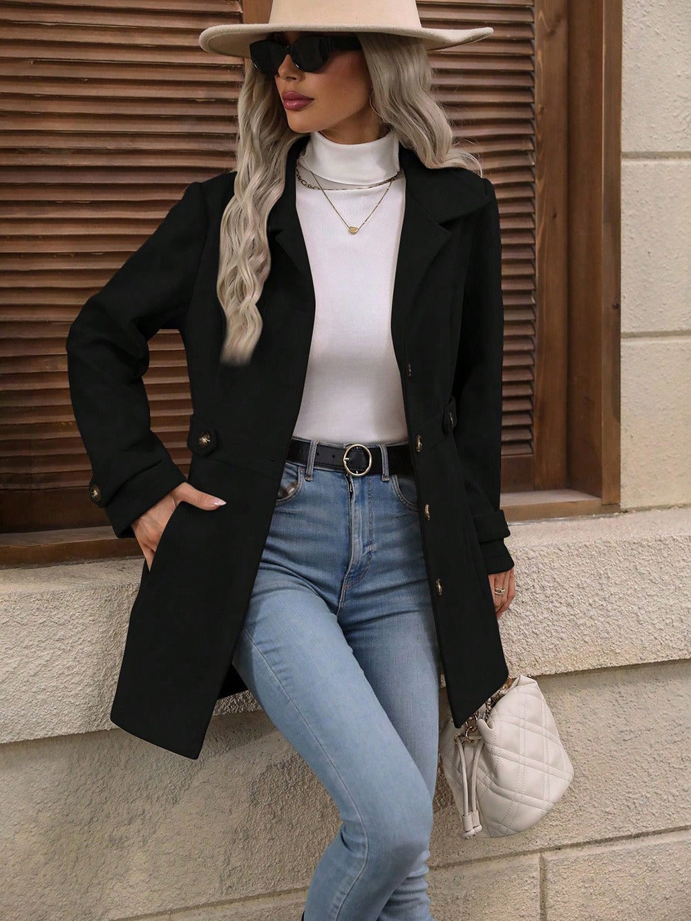 Women's Classic Wool Blend Trench Coat with Adjustable Waist Belt and Notch Collar