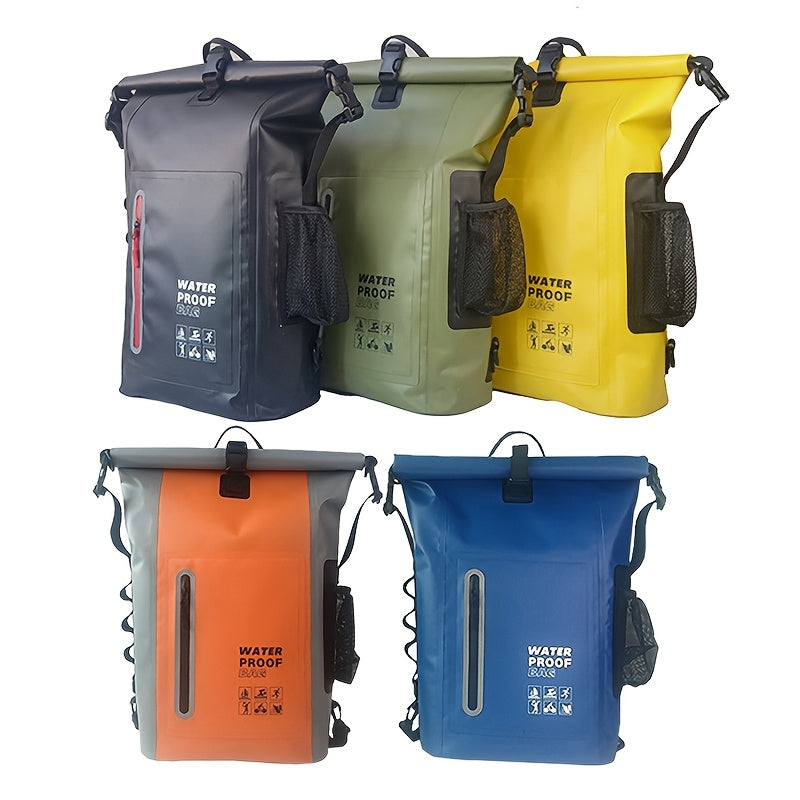 Waterproof 25L Roll-Top Backpack with Multiple Pockets, Sturdy Buckle, and Side Mesh Pocket