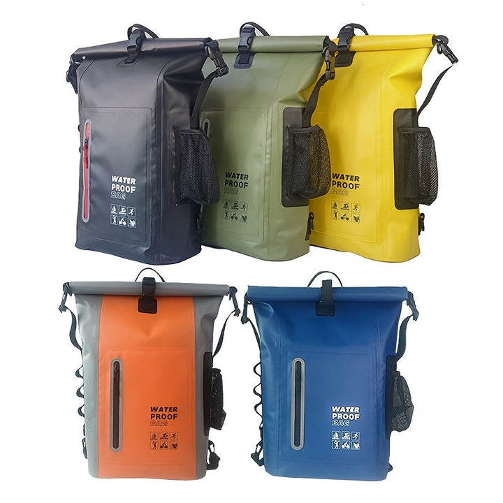 Waterproof 25L Roll-Top Backpack with Multiple Pockets, Sturdy Buckle, and Side Mesh Pocket