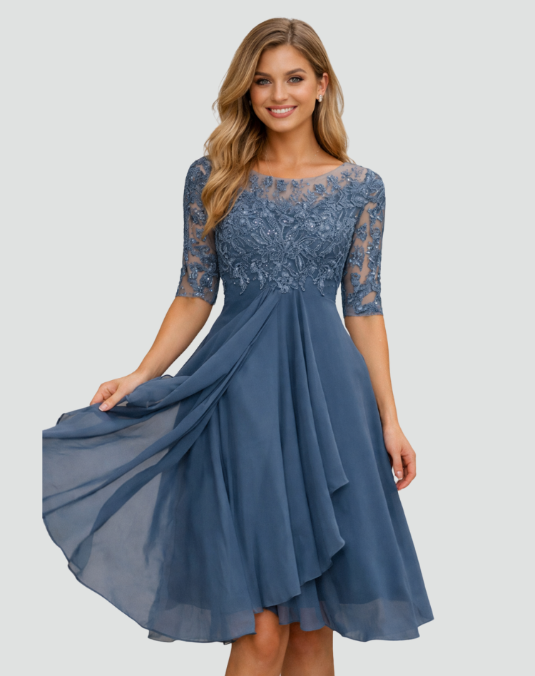 Midi Party Dress for Women Regular Fit Lace Three-Quarter Sleeve