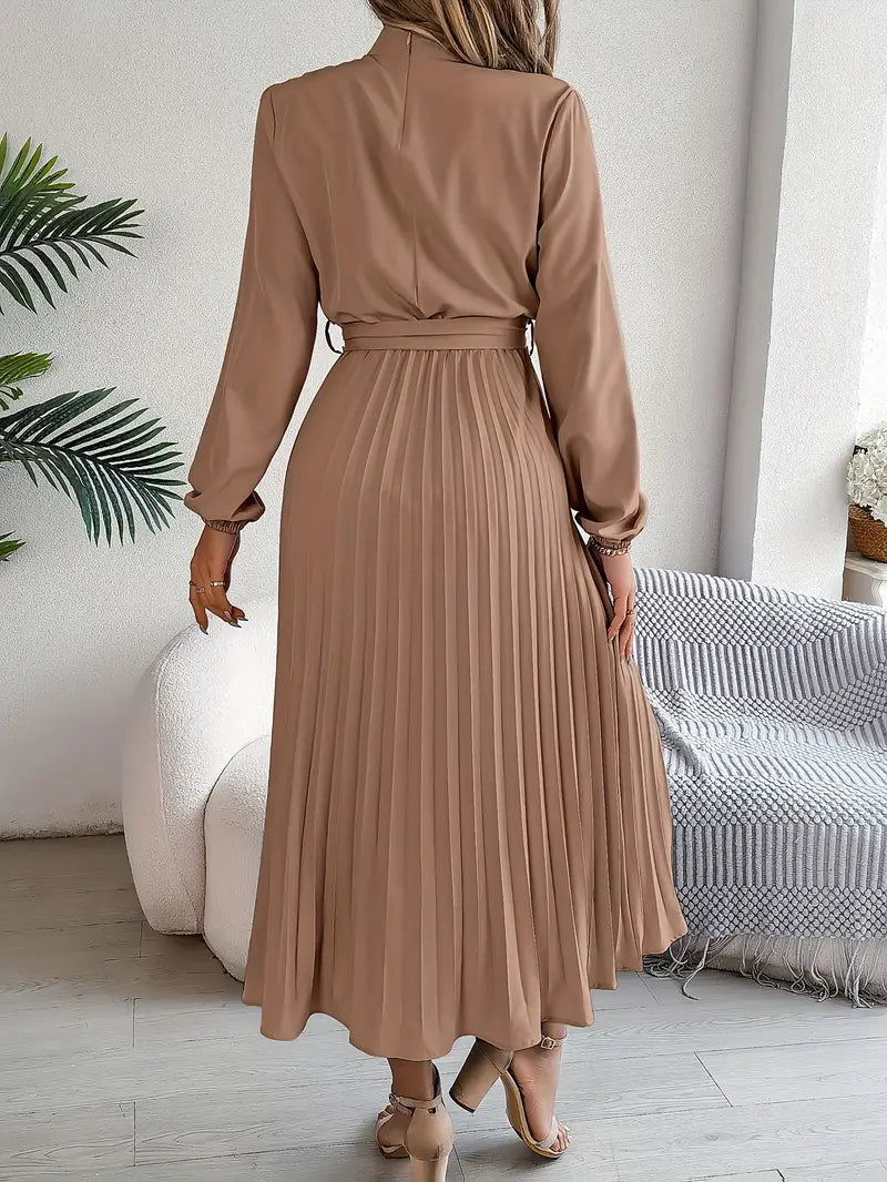 Belted Pleated Midi Dress with Long Sleeves – Elegant High Neckline