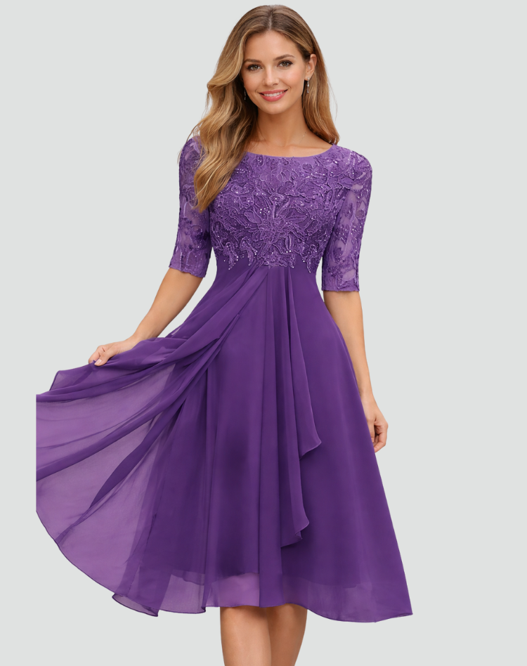 Midi Party Dress for Women Regular Fit Lace Three-Quarter Sleeve