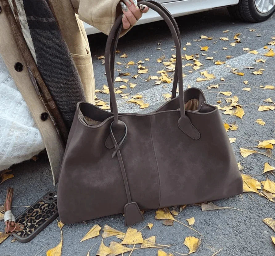 Sloane – Large Suede Shoulder Bag, Women's Work Tote Bag with Tie Detail