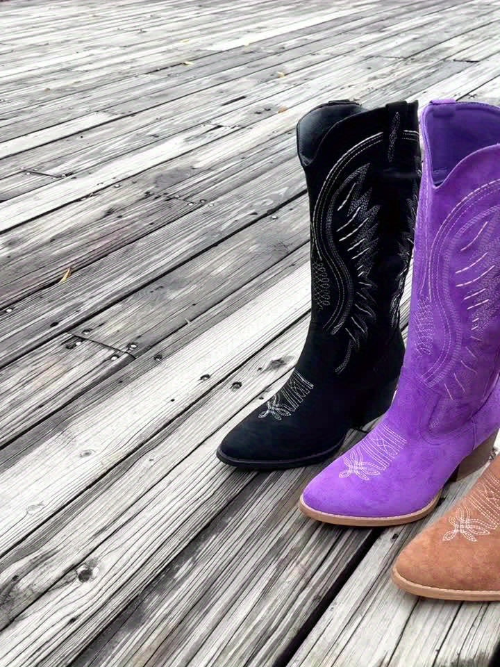 Women's Embroidered Cowboy Boots with Pointed Toe and Mid-Heels