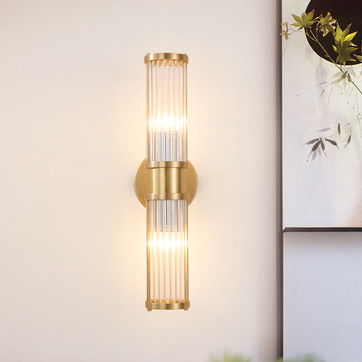 Modern Crystal Cylinder Wall Sconce - Dual or Single Light Fixture in Gold