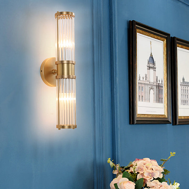 Modern Crystal Cylinder Wall Sconce - Dual or Single Light Fixture in Gold
