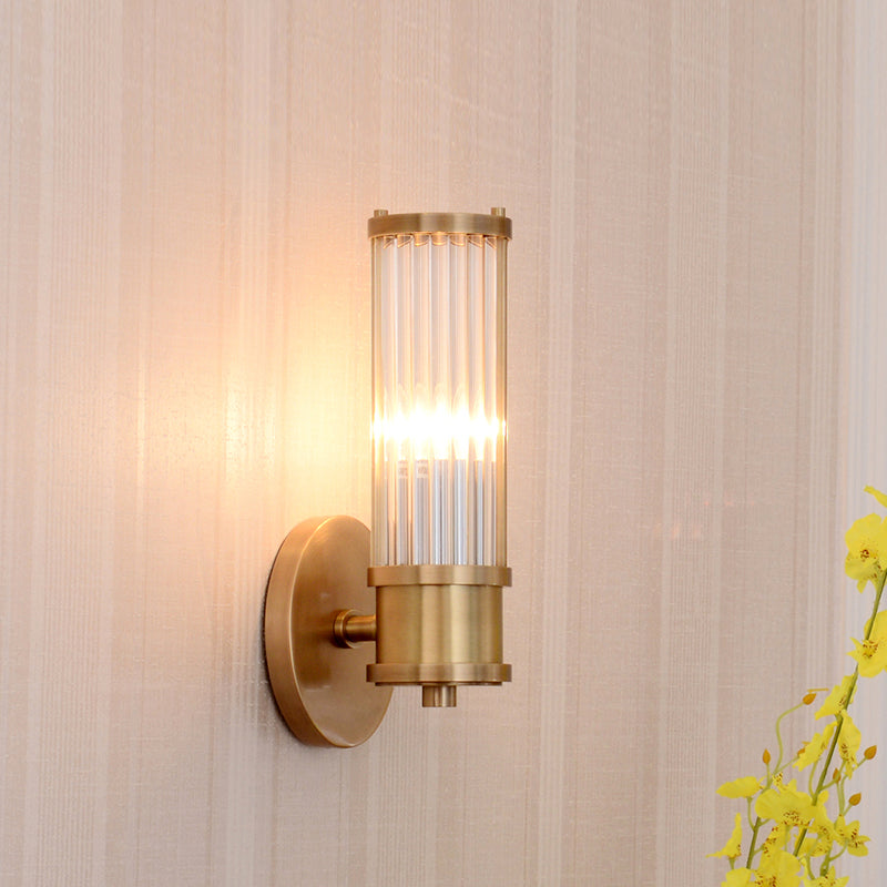 Modern Crystal Cylinder Wall Sconce - Dual or Single Light Fixture in Gold