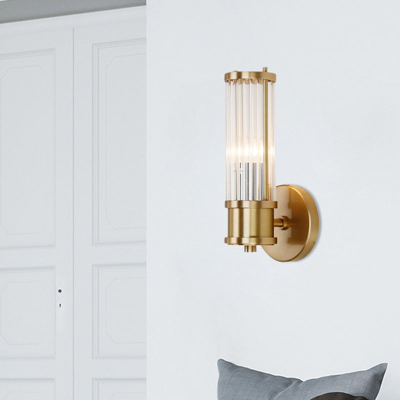 Modern Crystal Cylinder Wall Sconce - Dual or Single Light Fixture in Gold