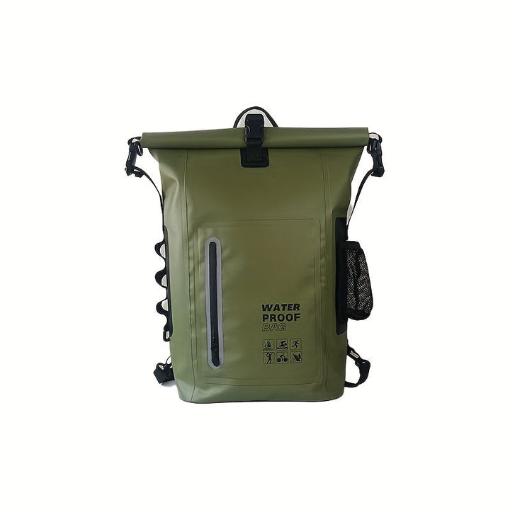 Waterproof 25L Roll-Top Backpack with Multiple Pockets, Sturdy Buckle, and Side Mesh Pocket