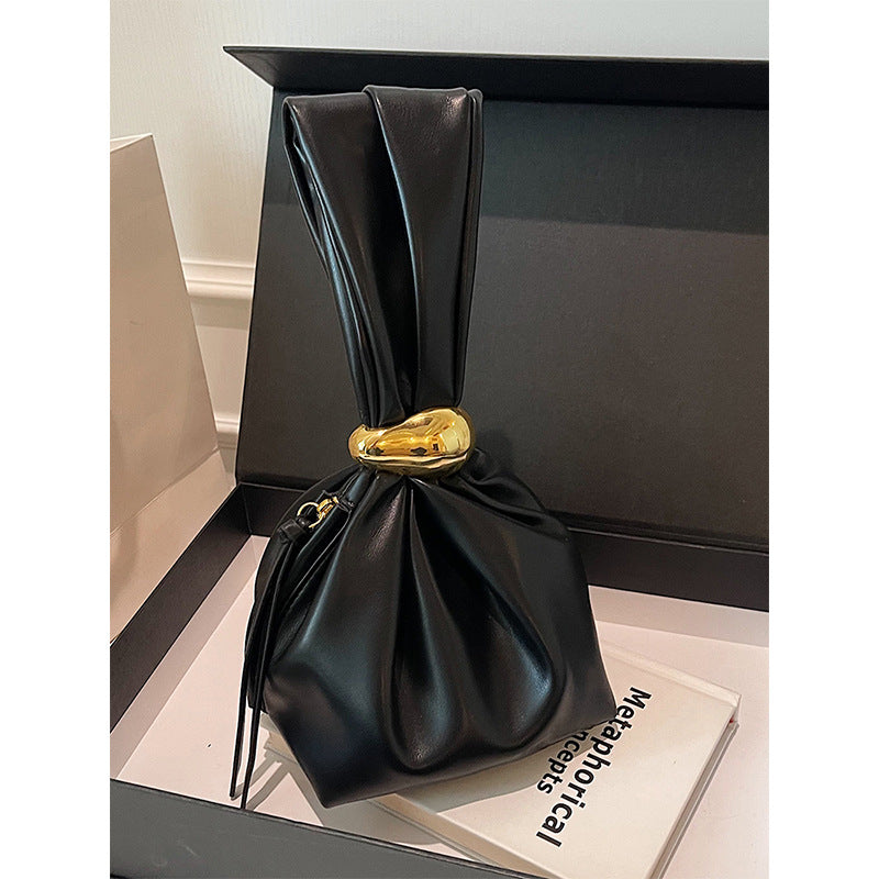 Nori – Vegan Leather Ruched Clutch Bag with Gold Ring Handle