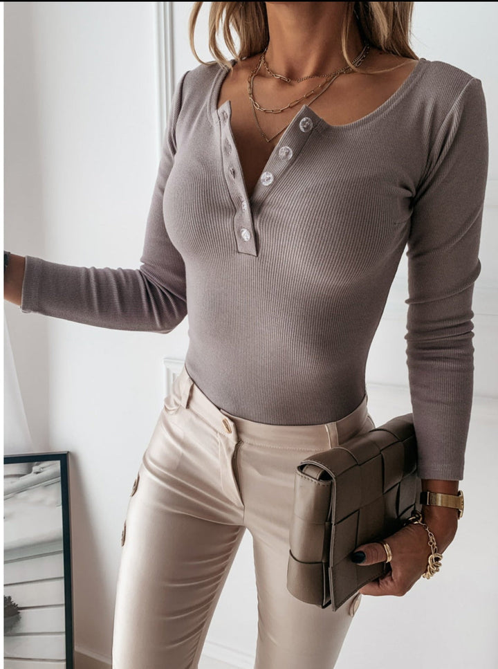Ribbed Henley Knit Top - Comfortable Spring/Fall Essential