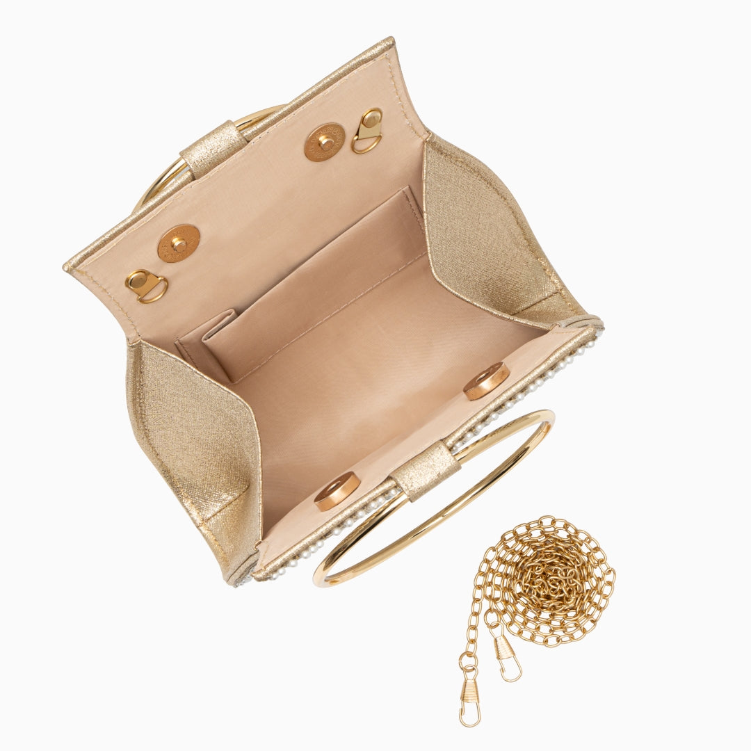 Luna – Crystal Beaded Evening Bag with Gold Ring Handle and Chain Strap