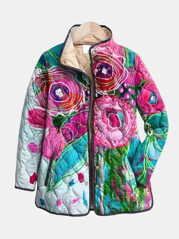 Women's Floral Quilted Stand Collar Jacket with Snap Button Closure