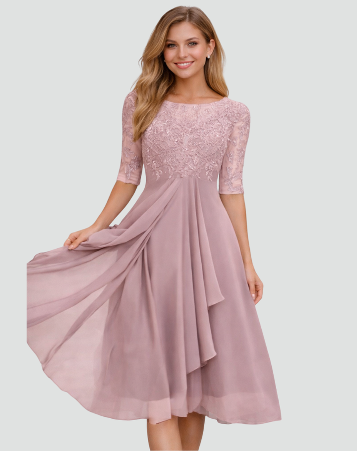 Midi Party Dress for Women Regular Fit Lace Three-Quarter Sleeve
