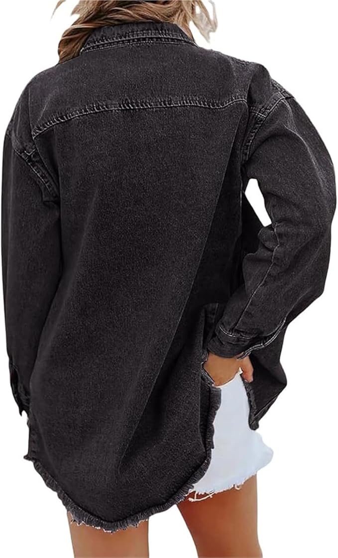 Women's Relaxed Pointed Collar Button-Front Jacket with Drop Shoulders