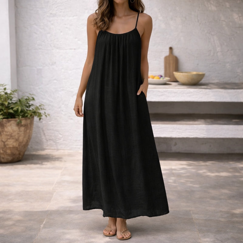 BreezeHaven Women's Linen Blend Maxi Dress with Spaghetti Straps