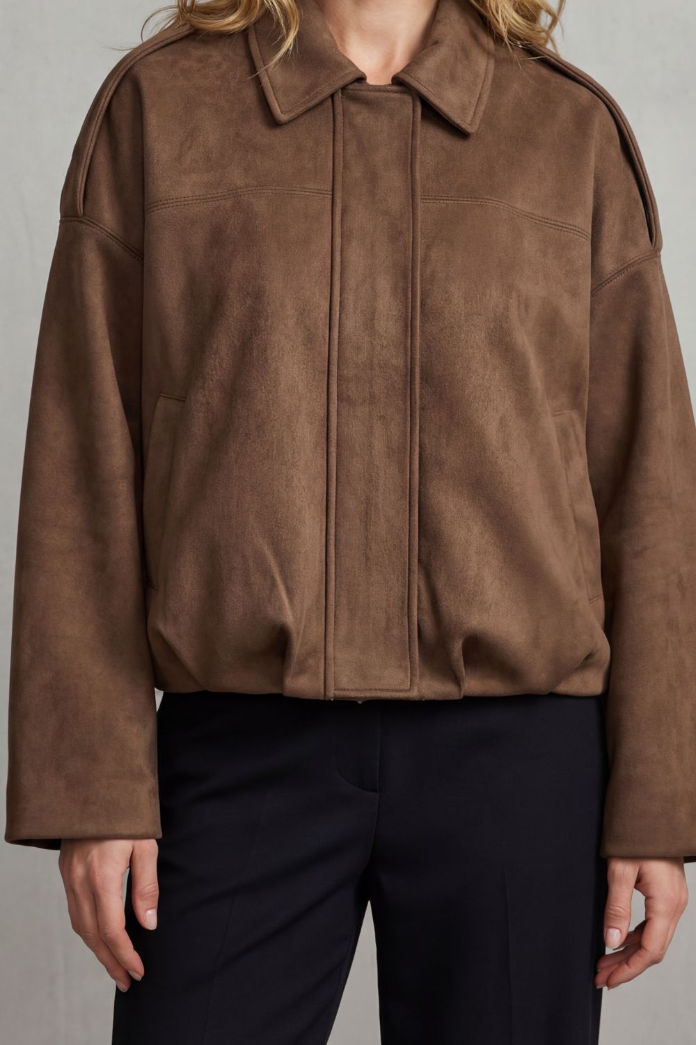 Women's Structured Suede Volume Bomber Jacket