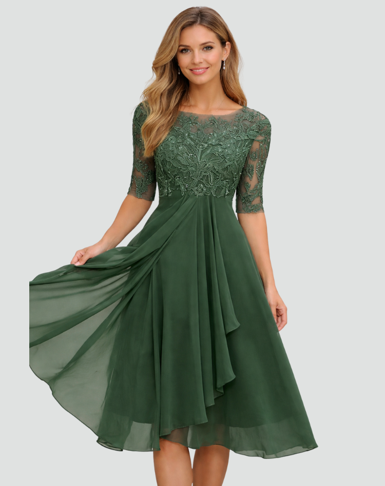 Midi Party Dress for Women Regular Fit Lace Three-Quarter Sleeve