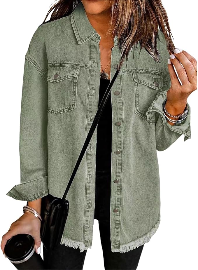 Women's Relaxed Pointed Collar Button-Front Jacket with Drop Shoulders