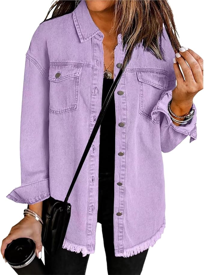 Women's Relaxed Pointed Collar Button-Front Jacket with Drop Shoulders