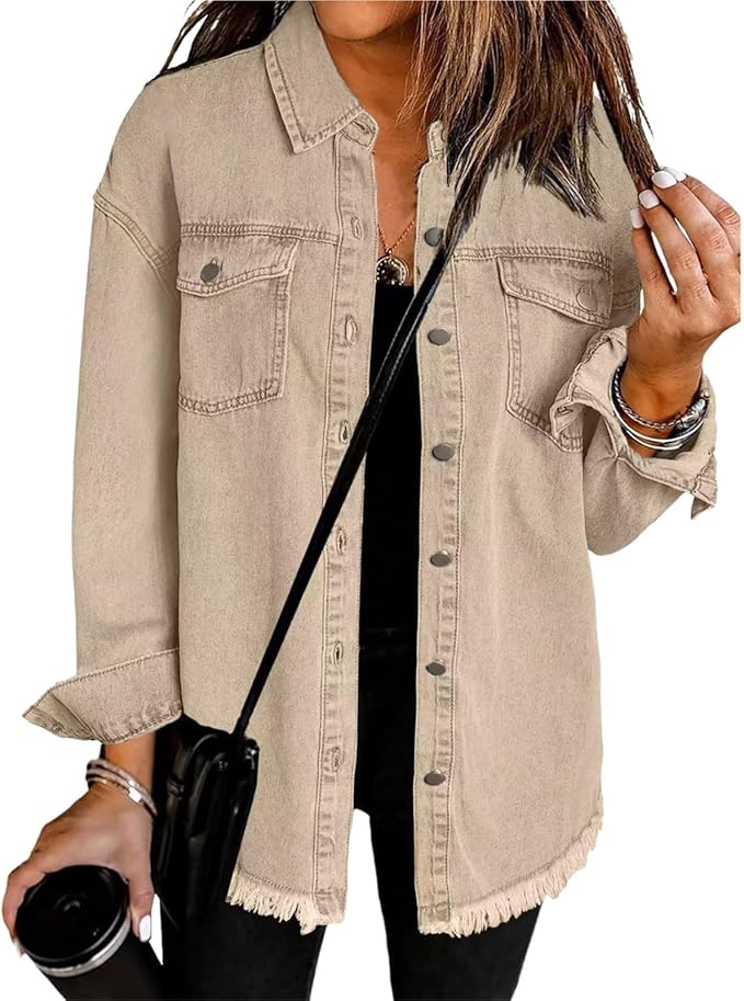 Women's Relaxed Pointed Collar Button-Front Jacket with Drop Shoulders