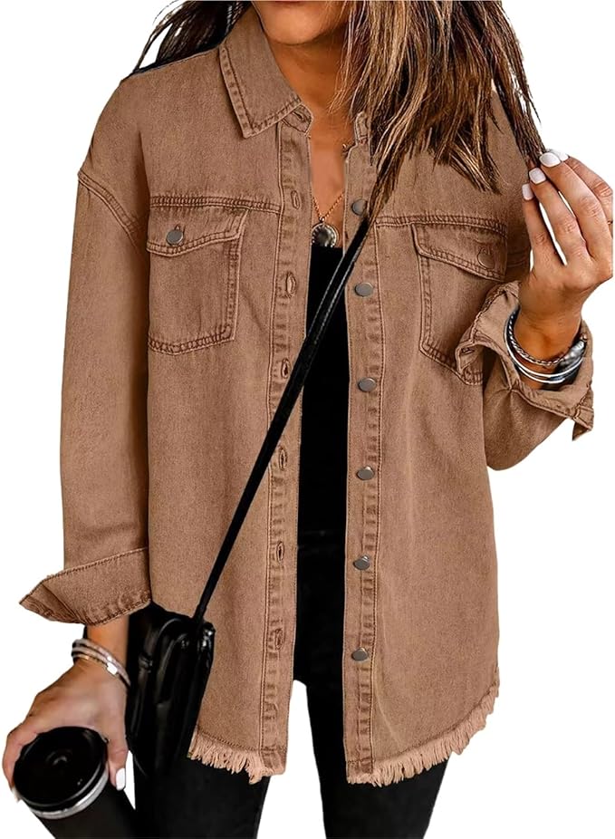 Women's Relaxed Pointed Collar Button-Front Jacket with Drop Shoulders