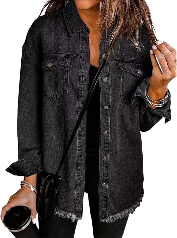 Women's Relaxed Pointed Collar Button-Front Jacket with Drop Shoulders