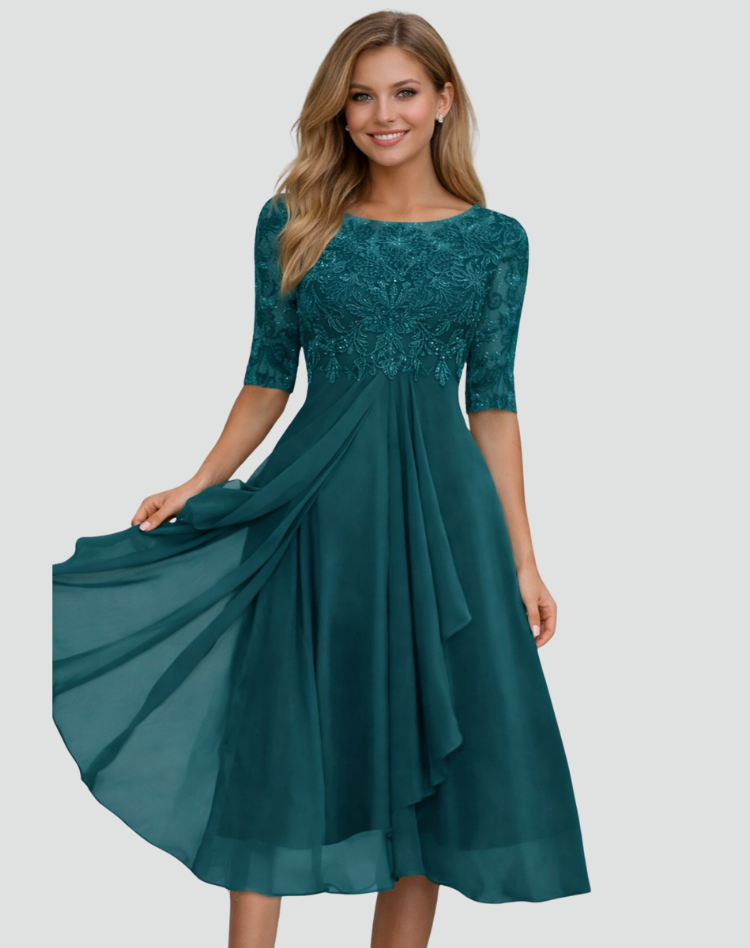 Midi Party Dress for Women Regular Fit Lace Three-Quarter Sleeve