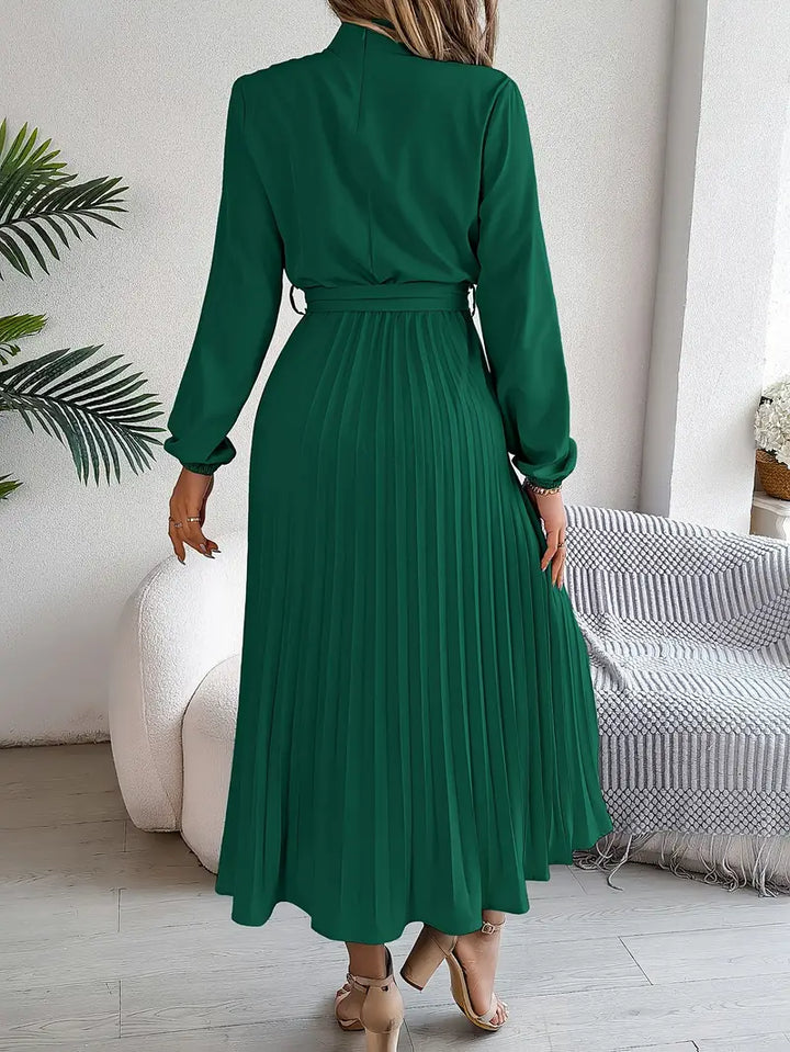 Belted Pleated Midi Dress with Long Sleeves – Elegant High Neckline