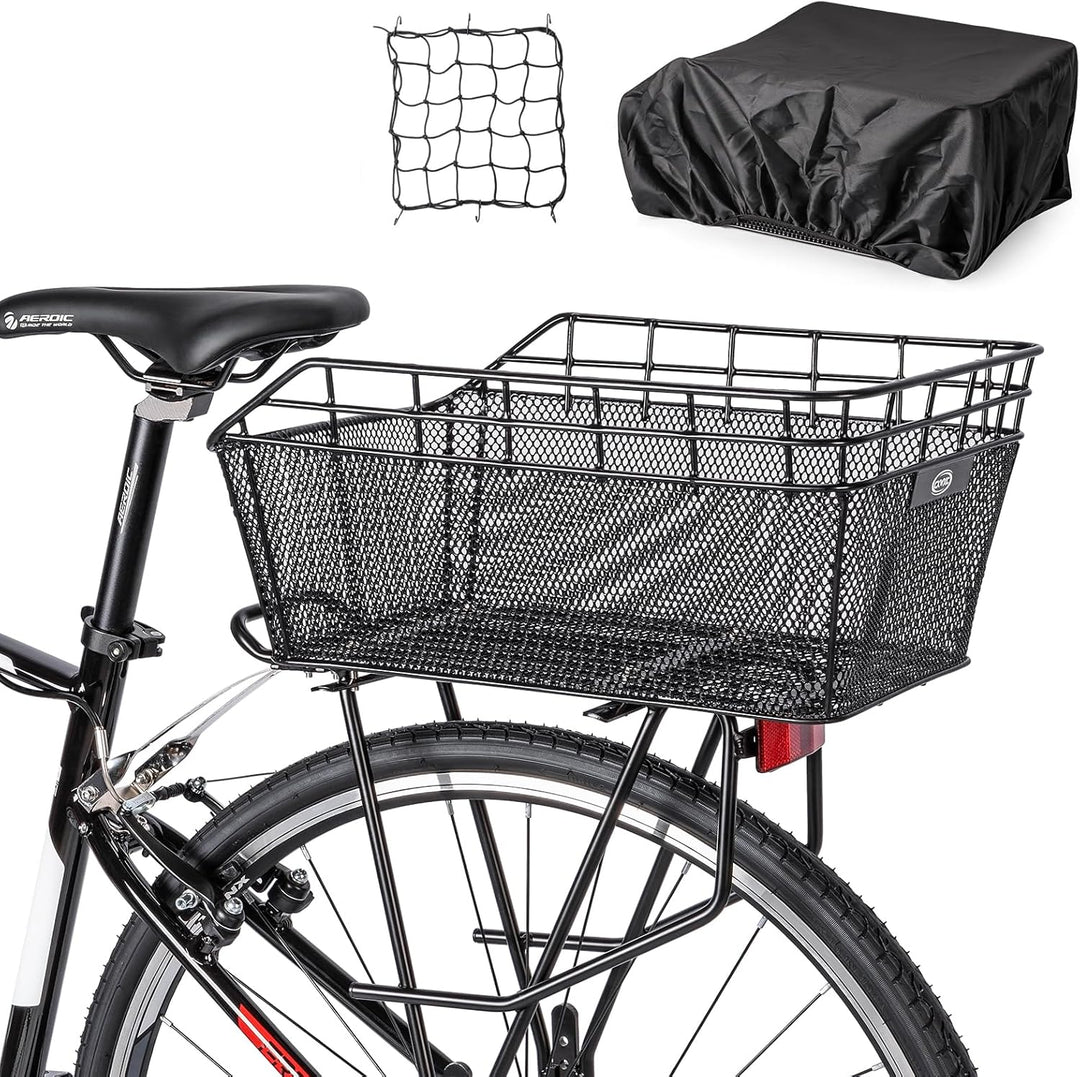 Spacious Rear Cargo Bike Basket with Waterproof Cover & Cargo Net