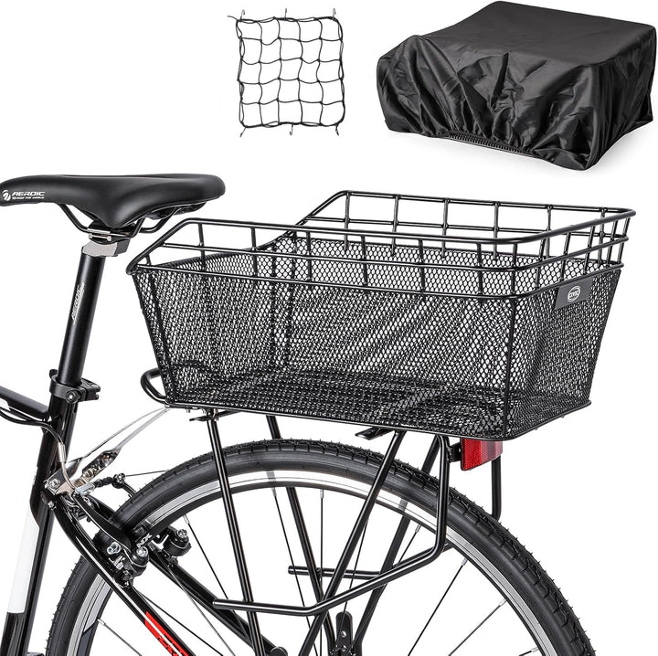 Spacious Rear Cargo Bike Basket with Waterproof Cover & Cargo Net