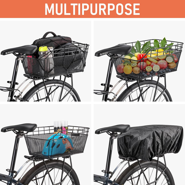 Spacious Rear Cargo Bike Basket with Waterproof Cover & Cargo Net