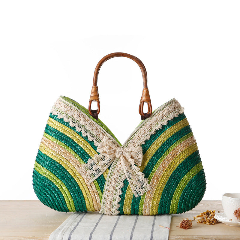 Soleil – Striped Straw Handbag with Lace Bow and Rattan Handles