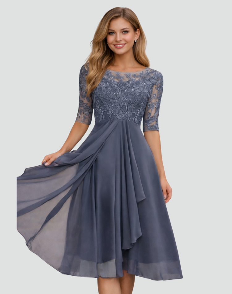 Midi Party Dress for Women Regular Fit Lace Three-Quarter Sleeve