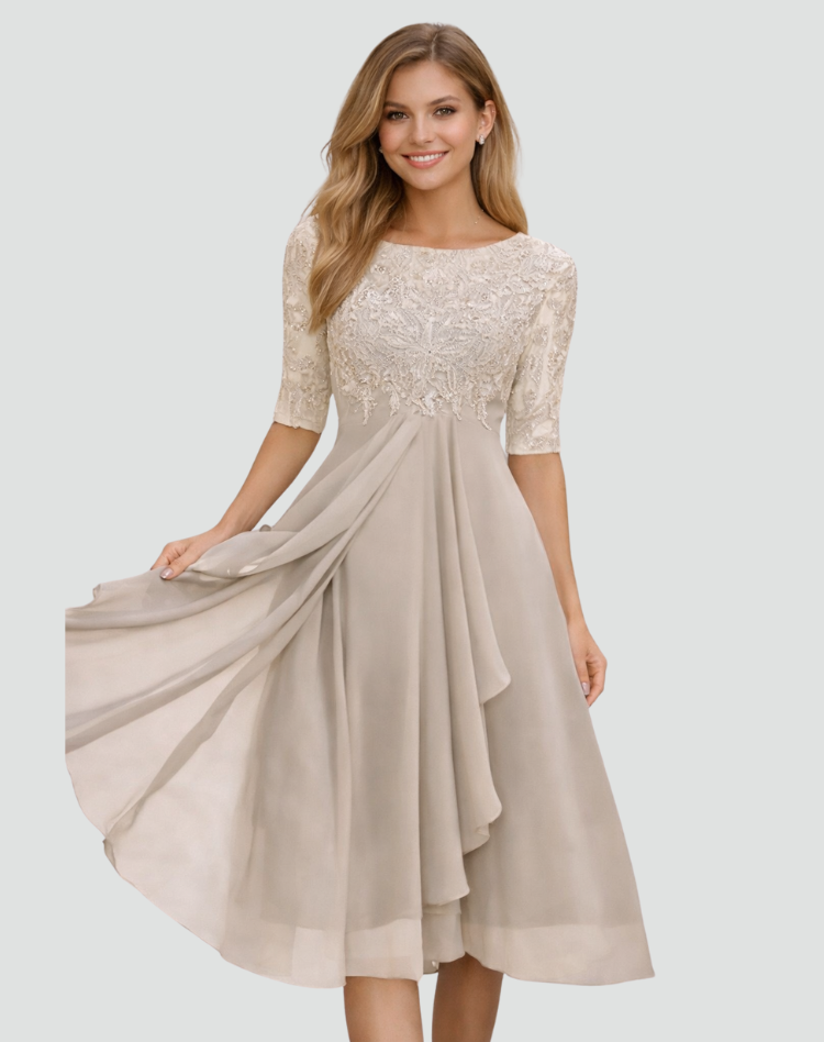 Midi Party Dress for Women Regular Fit Lace Three-Quarter Sleeve