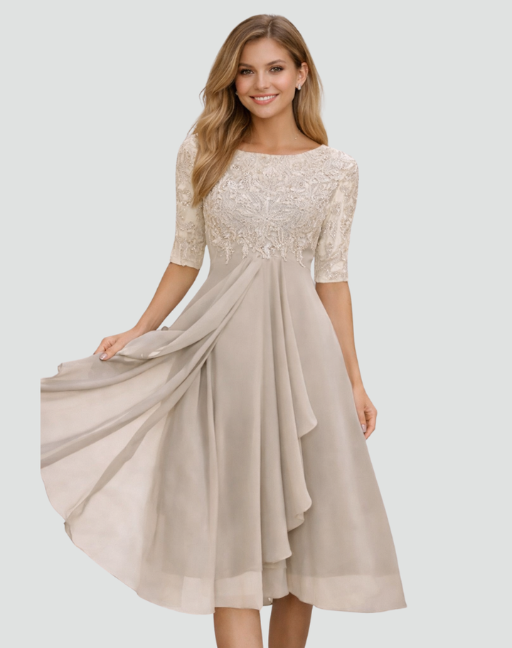 Midi Party Dress for Women Regular Fit Lace Three-Quarter Sleeve