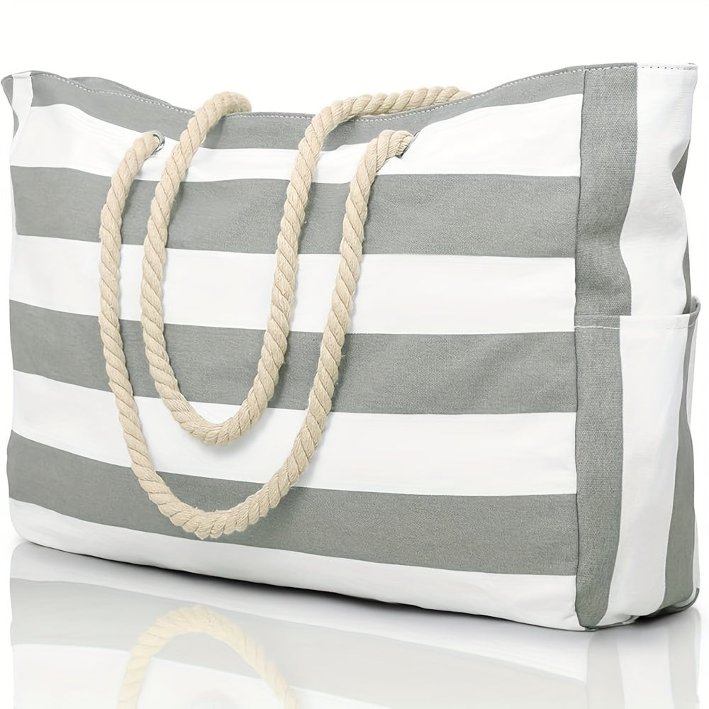 Striped Beach Bag with Large Capacity – Durable Polyester with Zipper