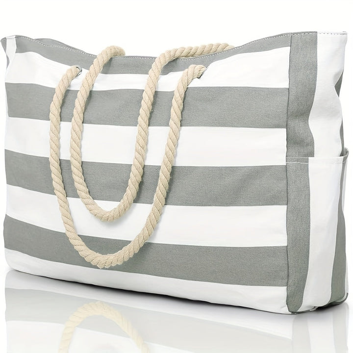 Striped Beach Bag with Large Capacity – Durable Polyester with Zipper