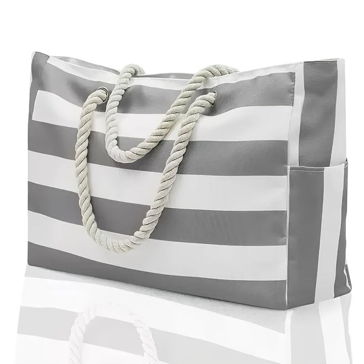 Striped Beach Bag with Large Capacity – Durable Polyester with Zipper
